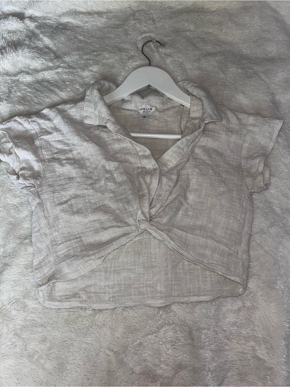 Aritzia Light Beige Twist-Front Short Sleeve Collared Top